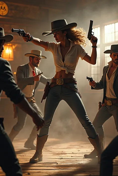 Masterpiece, Ultra-detailed, hyper realistic, a magnificent scene of the old Wild West, a battle hardened cowgirl is eliminating a group of gangsters in a saloon. She kicks a gangster in the throat with a spinning sidekick while shooting at another gangste...