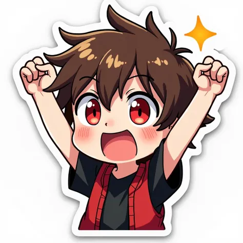  Illustrated Twitch sticker for a boy only head and shoulders Chibi anime style, red eyes,brown hair,a set of black shirt with red vest , Raise your hands with money in your fists