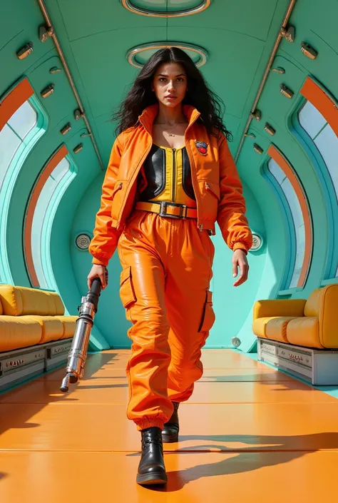 Dans un vaisseau spatiale, style  science fiction année 1970. Kitsch. Entre les murs courbés Turquoise, le sol ocre. Une femme espionne en combinaison intégrale spatiale. (Cuire orange épaisse, latex en rouge et jaune. Pvc noire et blanche.) Au cheveux lon...