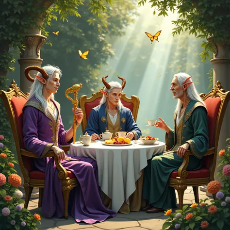 until,  digital illustration ,  highly detailed ,  tongue ,  an unrealistic illustration ,  digital painting ;  in a splendid flower garden ,  next to an opulent medieval elven mansion ,  three elves The tables are seated in elegant armchairs arranged in s...