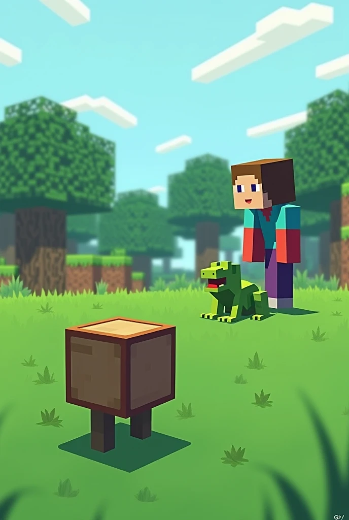 Minecraft scenario with the perspective of a large place with grass blocks pixelated trees character in the background of the image with a blue blouse red sleeves with a pixelated frog at his side the front of the image away from them a box standing scrotu...