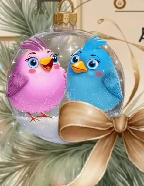 Christmas ball with blue round and pink birds