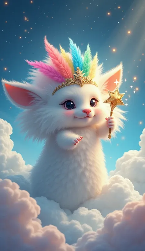 A fantastic anthropomorphic creature with pastel cloud-like skin。 wears a headpiece made of rainbow-colored feathers 、 has a magic wand adorned with stars 、Surrounded by fluffy clouds 。 the scene contains twinkling stars and subtle beams of light moving th...