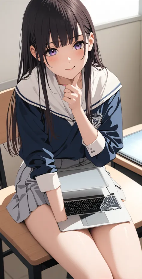 anime girl in high heels sitting on a chair with a laptop, a hyperrealistic student , hyperrealistic student ,  cute schoolgirl ...