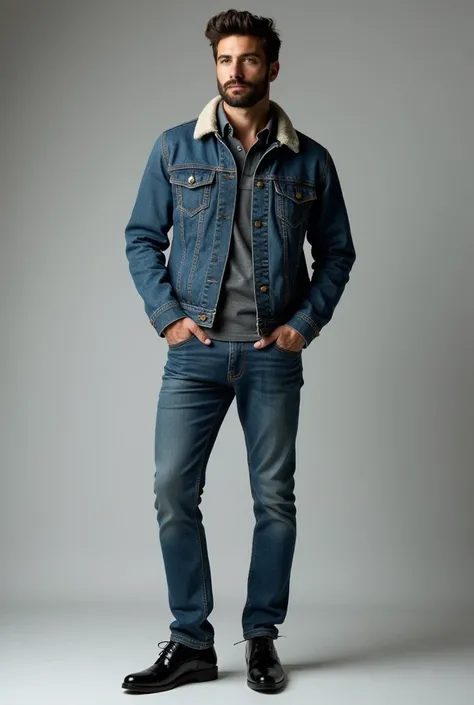 Black office shoe and denim jeans with great top with denim jacket for men not a full suit just casual