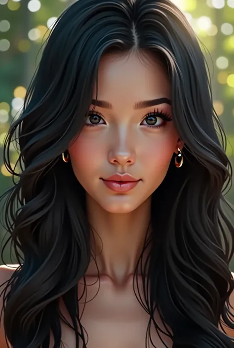  Eliana is a girl with long wavy black hair that reaches her waist .  Her dark blue eyes are deep and expressive ,  with torn eyes long and dark eyelashes that frame her eyes .  She has soft lips and poses  , and her face is harmonious ,  with delicate che...