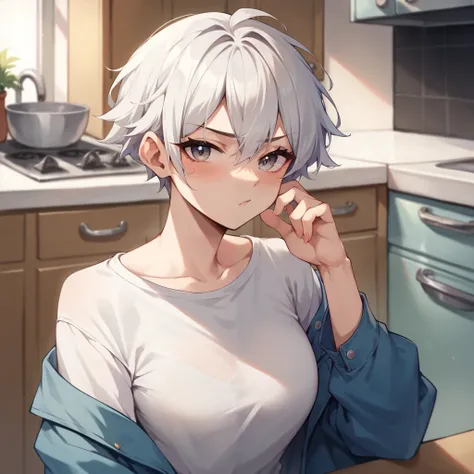 a tomboy with white hair that go to her shoulders and gray eyes. she looks confused and blushing at you while in the kitchen. she is wearing a long-sleeve white tshirt and blue jeans. closeup.