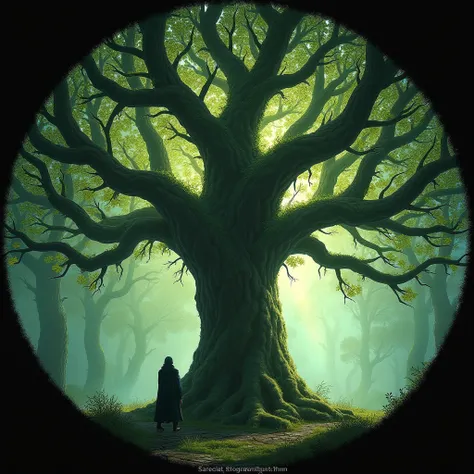  a close-up of a circular image of a person,  standing in front of a tree ,  concept art inspired by Samuel Hieronymus Grimm , Subscribe, Fantasy Art, Yggdrasil,  god of the forest , Circle of the witch , elementary guardian of life, ,  cover game art , Tr...