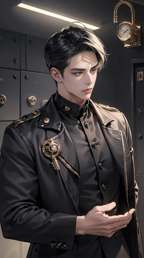 ( Top Quality, masterpiece, 8 thousand,  realistic, Cinematic lighting, 1:4 HDR images, VERY DETAILED, Beautiful photo man,   very handsome  , (( cool expression)),  black short hair, black eye,  A perfect and flawless face, ((Lock the jacket buttons ,  CE...