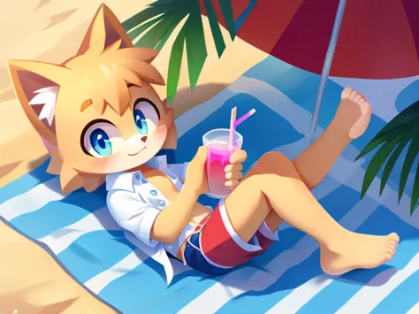 young cute cat fur detailed body open shirt shorts beach background holding a drink