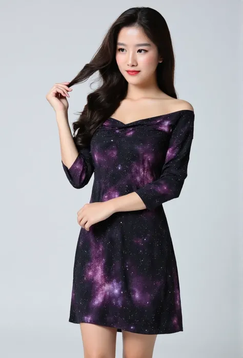 High quality,masterpiece, Watch 1 female ,  Korean Womens Off Shoulder Dress ,, Off Shoulder Short Galaxy Dress , Of a short galaxy,Panty exposure, slim, dry body,  white skin 