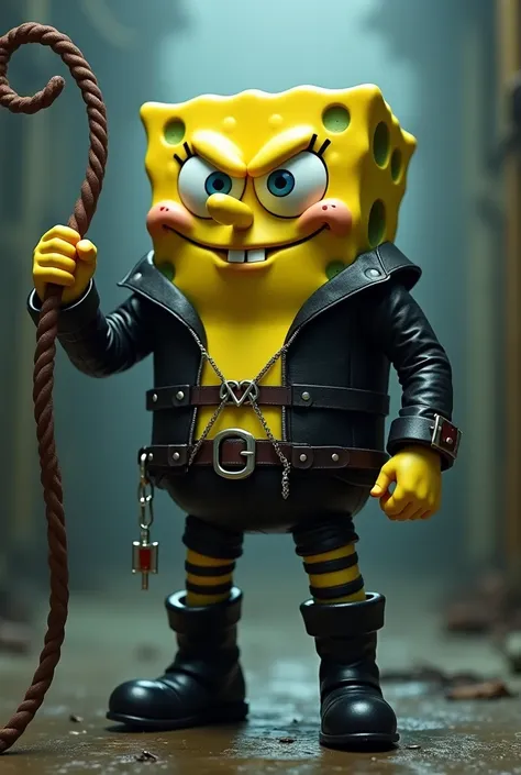 (( best quality)), ((masterpiece)), ( in detail), SpongeBob in a BDSM suit with a whip 