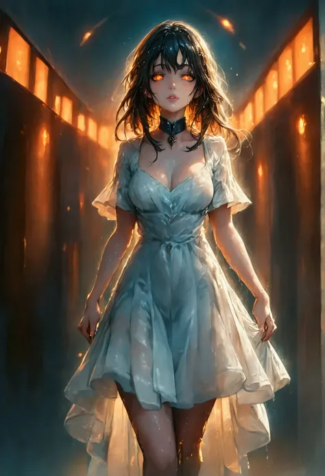  score_9, score_8_up, score_7_up, score_6_up, score_5_up, score_4_up, a comic art picture a beautiful mature female vampire walking in the street at night,  wearing white dress, intricate dress, high heel boots, dynamic hair color, glowing eyes, wet face, ...