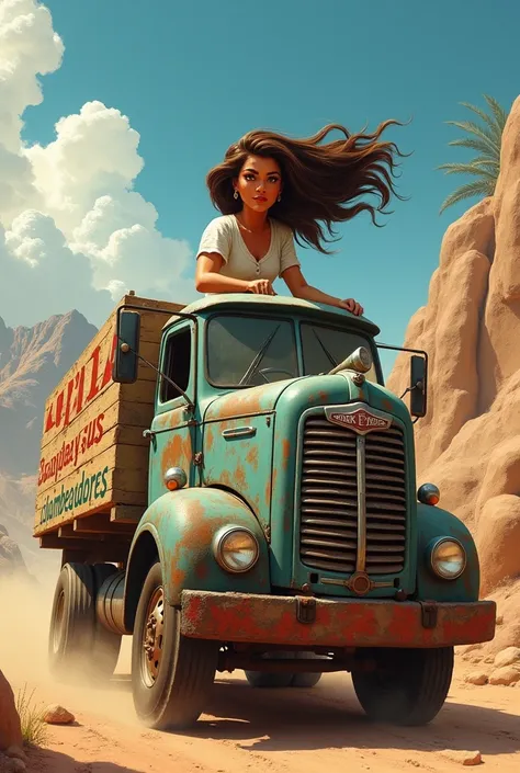 generates an image of woman riding a truck and with a sign that says "Sophia y sus chambeadores"