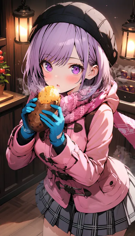 1girl, solo, looking at viewer, blush, short hair, long sleeves, hat, medium breasts, standing, purple eyes, purple hair, cowboy shot, pleated skirt, indoors, miniskirt, swept bangs, plaid skirt, holding food, steam, grey skirt, blue gloves, pink jacket, b...