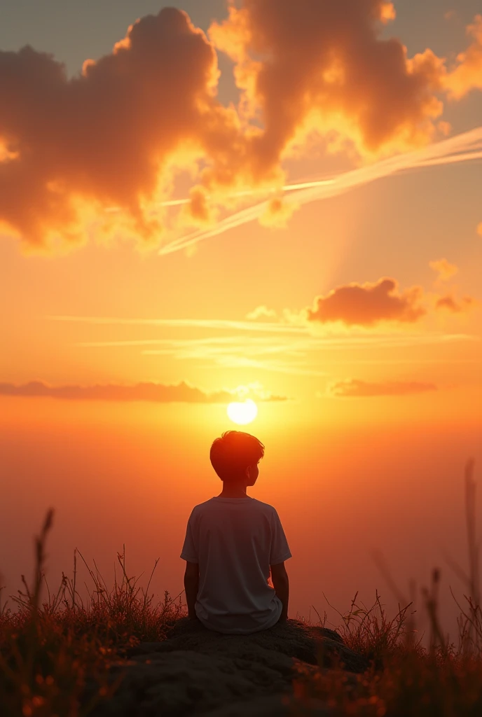 (8k, RAW photo, best quality, masterpiece:1.2),(realistic, photo-realistic:1.37), ((best quality)), ultra high res,extremely detailed CG unity 8k wallpaper, physically-based rendering,cinematic lighting,full body, (bokeh:1.4), (1boy), sit, watch sunset, wa...