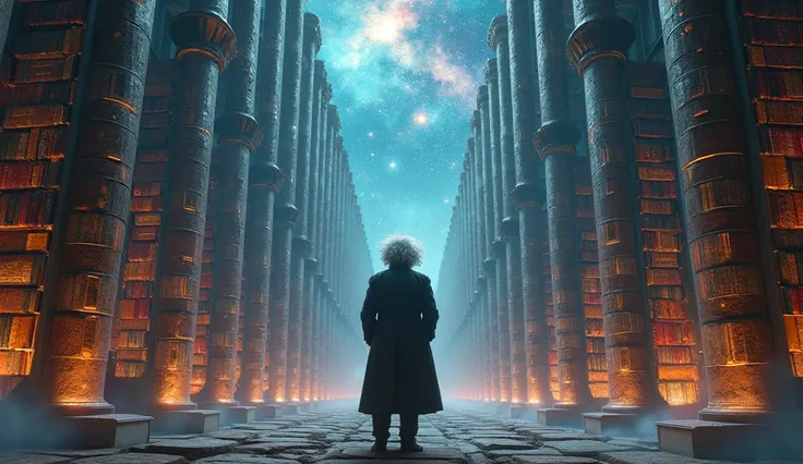  Einstein standing in front of a huge cosmic library, with each book depicting a mystery of the universe .
Style: cosmic fantasy.