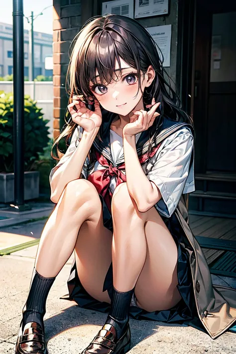 masterpiece,  best quality,  high definition ,  accurate human body、Knowledgeable person、Correct five fingers, long wavy hair , sitting with his knees up, skirt and shirt,  gray skirt , panties,Japanese school girl uniform, wearing  Japanese school uniform...