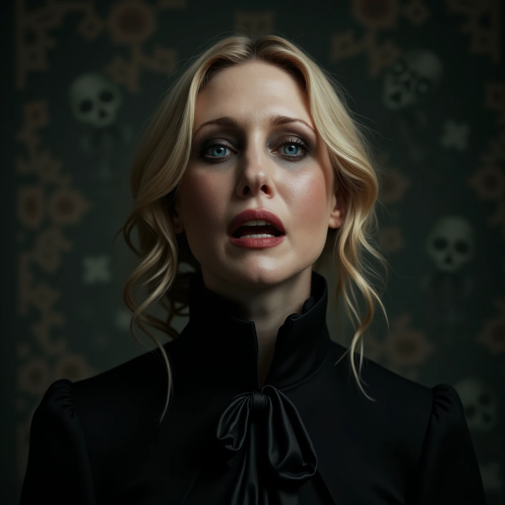 portrait of Vera Farmiga with blonde hair, pale skin, green eyes, black makeup, black clothes, gothic victorian clothes, black cape, her expression is that of crying, she is crying with great pain, a reaction of intense sadness, an expression of great pain...