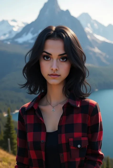 Real human photo, Fika is a young woman with shoulder length   wavy  black hair and fair skin. She has well-defined eyebrows, large black eyes, and a neutral expression on her face.  Wearing black red flannel , standing with background mountain.