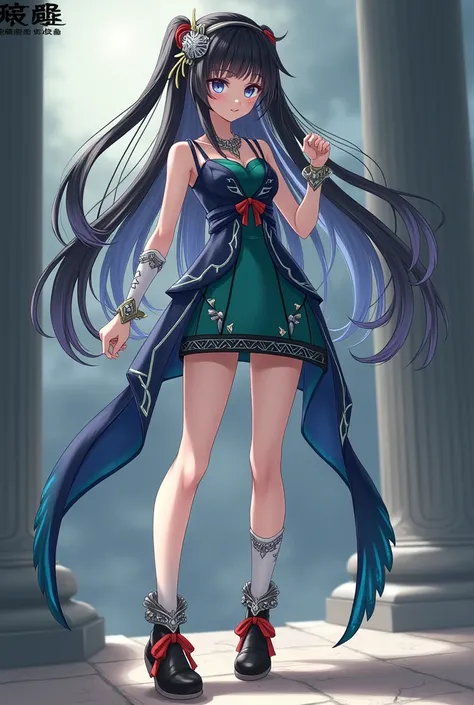 Anime game character with long black hair and silver ornaments and ribbon-shaped headband. Im wearing a short sleeveless dress with a combination of blue and green, There is a geometric pattern on the bottom of the dress .  The arms are intricate ornaments...