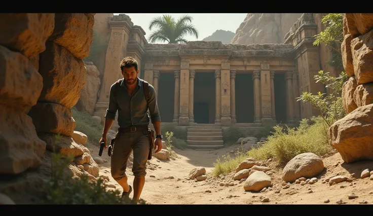 Tom holland  showing his face searching for treasure in uncharted movie on deserted place where ancient temple of ruin. 