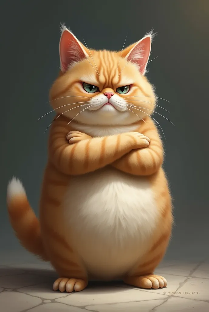 a detailed painting of a grumpy, fluffy cat standing upright with its arms crossed. the cat has a thick, soft beige fur coat, a ...