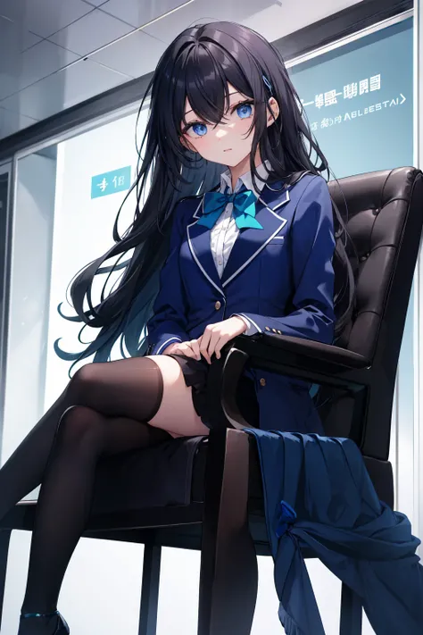 high school students ， Has long, dark hair ， with warm blue eyes ， Wore a fresh blue suit and black heels ， pure white collar and bright green bow 。 has long dark hair and warm blue eyes ， sitting in a chair