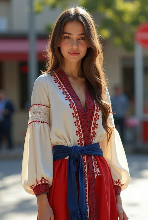 A Turkish teenage women and wears modern life clothes but this clothe has turkish traditional details,  white,red and blue