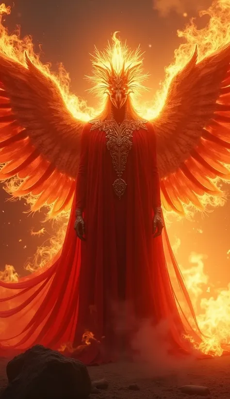 A divine masculine creature of resurrection, draped in a crimson robe, its form a majestic avian-humanoid hybrid radiating with the essence of fire. Its glowing red and golden hues burn with an ethereal intensity, while fiery, dancing flames emanate from i...