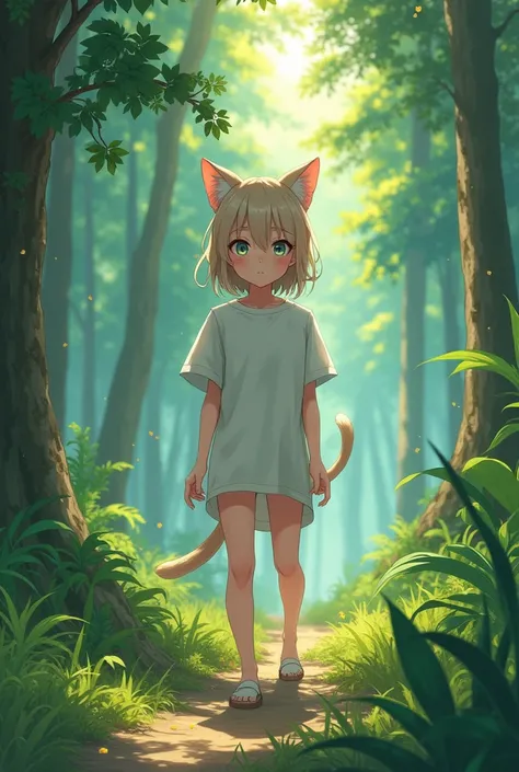 A cat girl lost in the woods with a wide t-shirt without underwear anime 