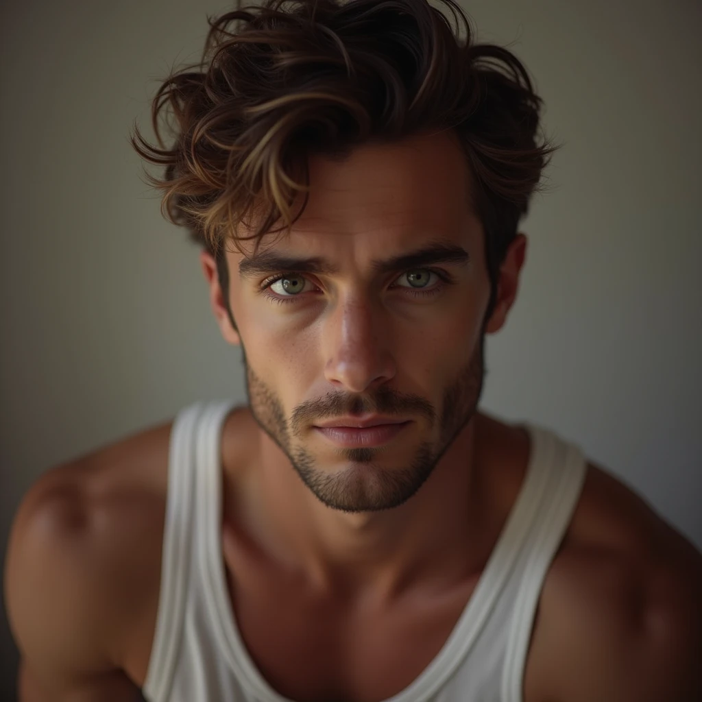 a man with short wavy hair with light eyes in a white tank top, Sensual 