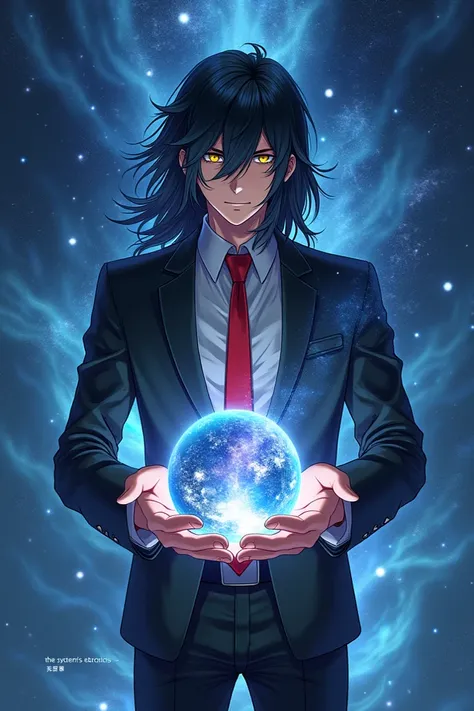 A young guy in his early 20s with black hair up to his shoulder and a golden eyes. Wearing black suit with red tie. He is holding the entire universe in his hand while looking at it. 

Add a line of text in the down part of the image saying:
" THE SYSTEMS ...