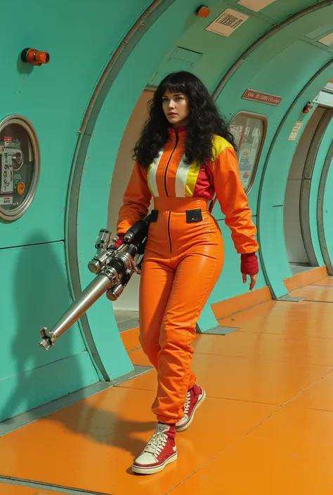 Dans un vaisseau spatiale, style  science fiction année 1970. Kitsch. Entre les murs courbés Turquoise, le sol ocre. Une femme espionne en combinaison intégrale spatiale. (Cuire orange épaisse, latex en rouge et jaune. Pvc noire et blanche.) Au cheveux lon...