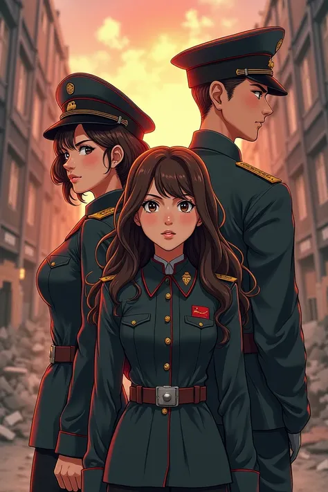 Create 2 girls, one  and one 19 and a boy of 20 Soviet soldiers,  anime style