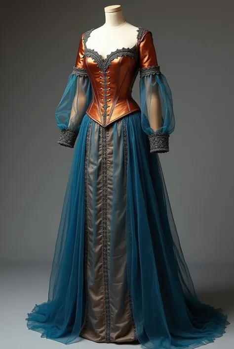 Make a dress with the following description : copper-colored corset with the skirt of the same color with details in blue and transparent with the silver stitching on the tip of the skirt and on the long sleeves, hollow sleeve or slit sleeve sewn at the bo...