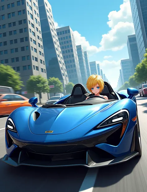 blonde hair, short hair, blue eyes,  Android 18, blonde woman driving a luxury car,  blond hair , type of sport . detailed, realistic