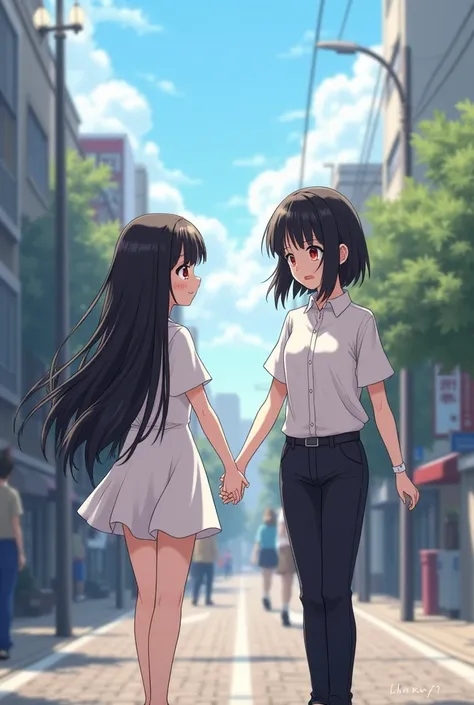 An 18-year-old anime girl who has long black hair and brown eyes wears a short white dress and walks next to a girl of the same age and holds her hand. She has short black hair and sharp red eyes with some bandages on her face and wears black pants and a w...