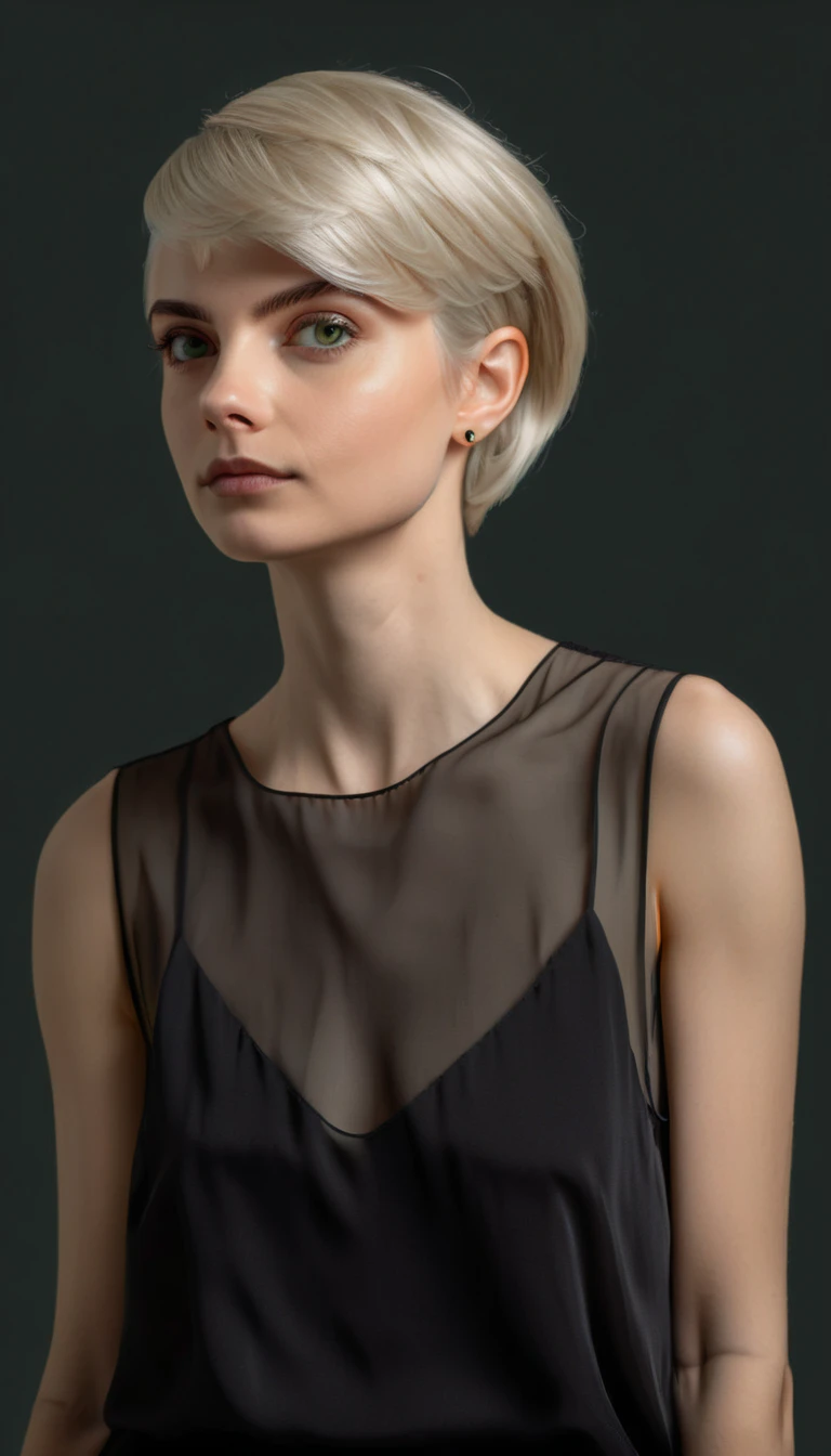 an asymmetrical sideways portrait of a European platina blonde woman wearing a wool oversized translucent black haltertop, avarage sized breasts, thin waist, realistic eyes, detailed eyes, asymmetrical long pixie haircut with a hairclip, her iris is green,...