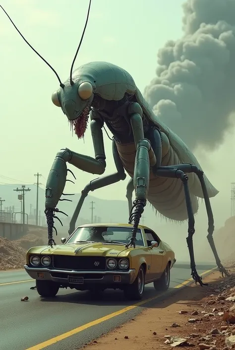 Giant praying mantis cyborg eating a car on a devastated highway