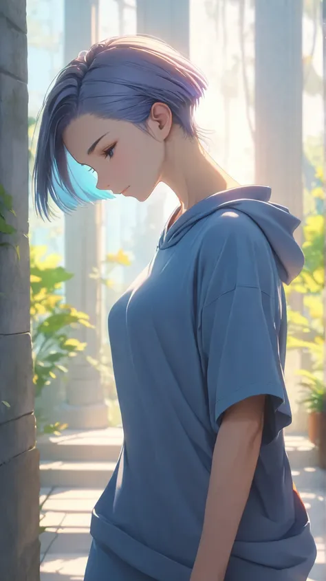 1gir, animation style, crisp details, tall, mature slim body, sharp focus, Perfect Anatomy, soft natural lighting, vibrant colors, (8k, best quality, masterpiece:1.5), short, slightly tousled light gray hair with a faint bluish tint, sleek and casual hairs...