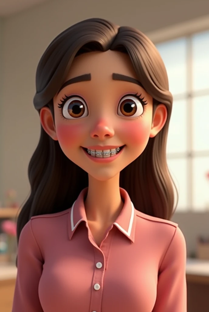 Animation, woman, 28 years old, king,  long brown hair ,  round face, Rosy cheeks, indigenous origin,  wearing braces , Rose dress shirt with white details,  office background ,  small eyes
