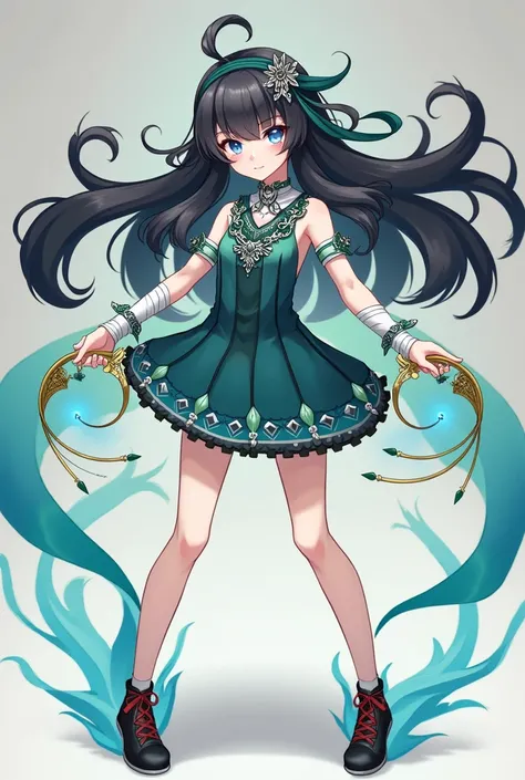 Anime game character with long black hair and silver ornaments and ribbon-shaped headband. Im wearing a short sleeveless dress with a combination of blue and green, There is a geometric pattern on the bottom of the dress .  The arms are intricate ornaments...