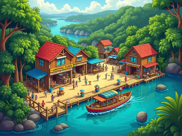 Amazon River,  cartoon style with a boat dock and a community, cartoon 