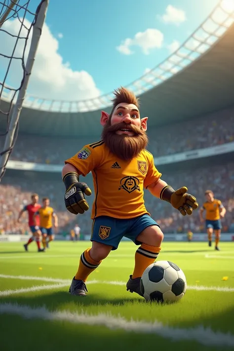 Dwarf playing goalkeeper in soccer 