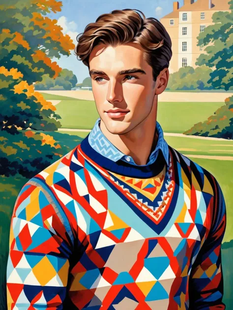 Illustrate a painting of a handsome British man in his twenties wearing a geometric-print sweater, muscular physique