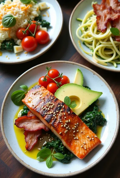 
	1.	 Plate 1 - Grilled Salmon with Avocado and Green Leaves :
A salmon fillet grilled to the ,  with a golden glow ,  served alongside fresh avocado slices and a serving of green leaves drizzled with olive oil.  spot The dish is finished with a pinch of s...