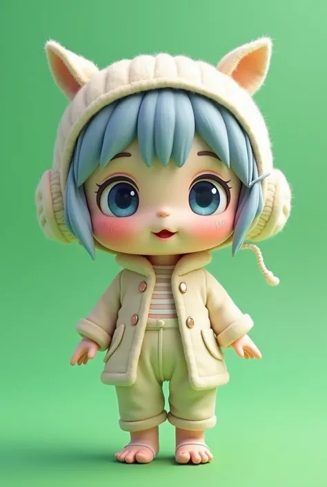 An anime-style but cartoonish and cute doll inspired by Satoru Gojo with normal clothes and blue eyes and that is on a green screen