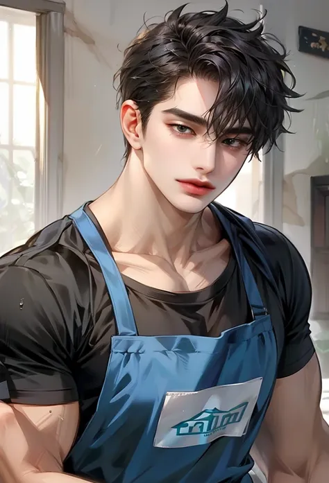 (high quality,high resolution,high detail,masterpiece:1.2), Delicate eyes and delicate face, 1 boy, 18 years old, handsome face, pure and cute face, Detailed face, white T-shirt, Blue apron, cute, Male focus, muscular, muscular male, Chest muscles, black s...