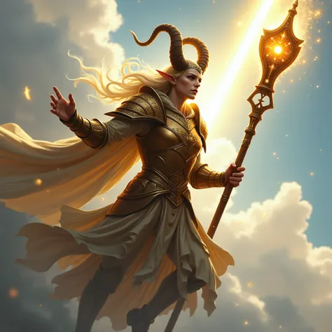 until,  digital illustration ,  highly detailed ,  tongue ,  an unrealistic illustration ,  digital painting ;  an elf soldier wizard with an imposing presence ,  power with a pair of curved horns adorning his head ,  is flying in a partly cloudy sky .  He...